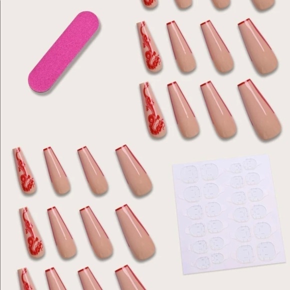 Tan And Red Dragon Decal long Press On Nails - Picture 2 of 8